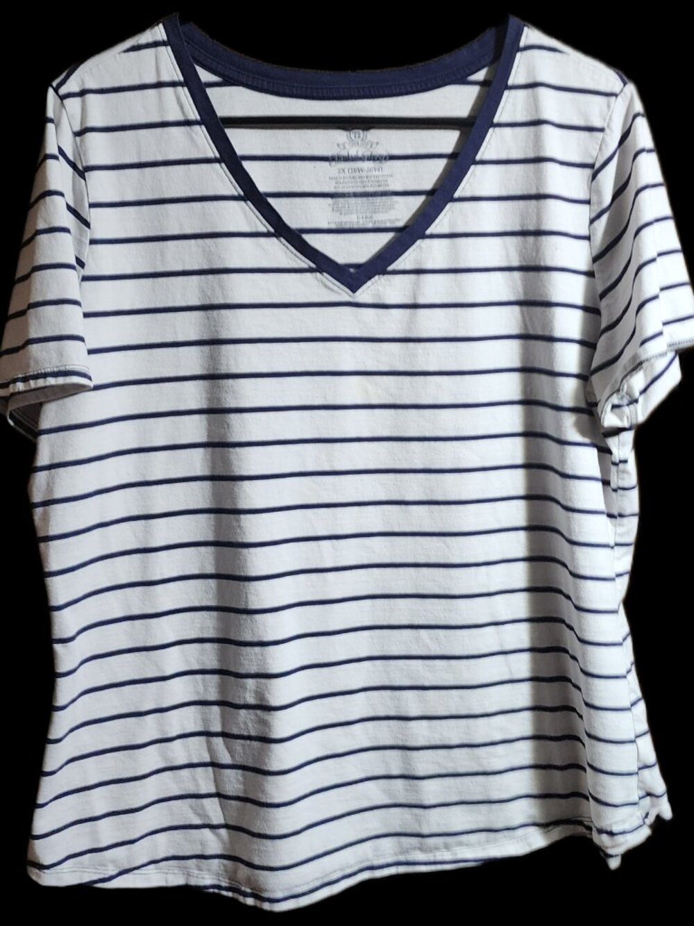 Faded Glory Women's Plus 2X (18W-20W) Blue & White Striped V-Neck Short Sleeve T